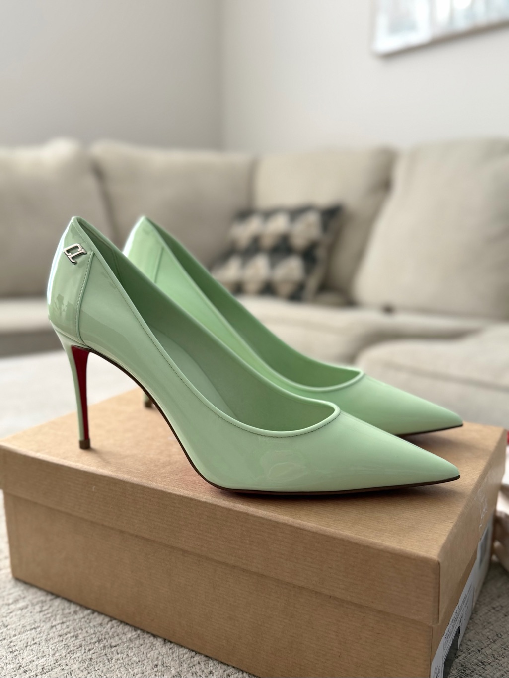 Christian Louboutin Sporty Kate 85 Patent Leather Pumps Mint Green Studio Green